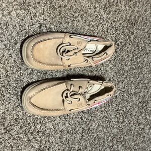 Sperry Kids Tan Suede Moccasin Boat Shoes with Stripe Accent